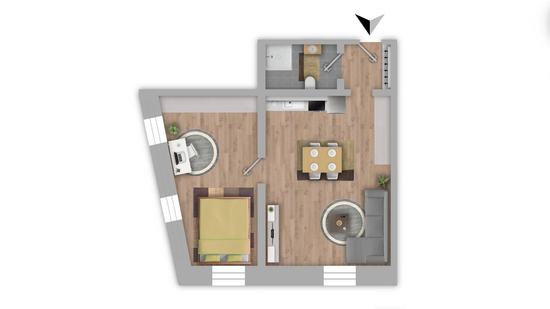 Grundriss einer kleinen Wohnung mit Schlafzimmer, Wohnbereich, Küche und Bad.