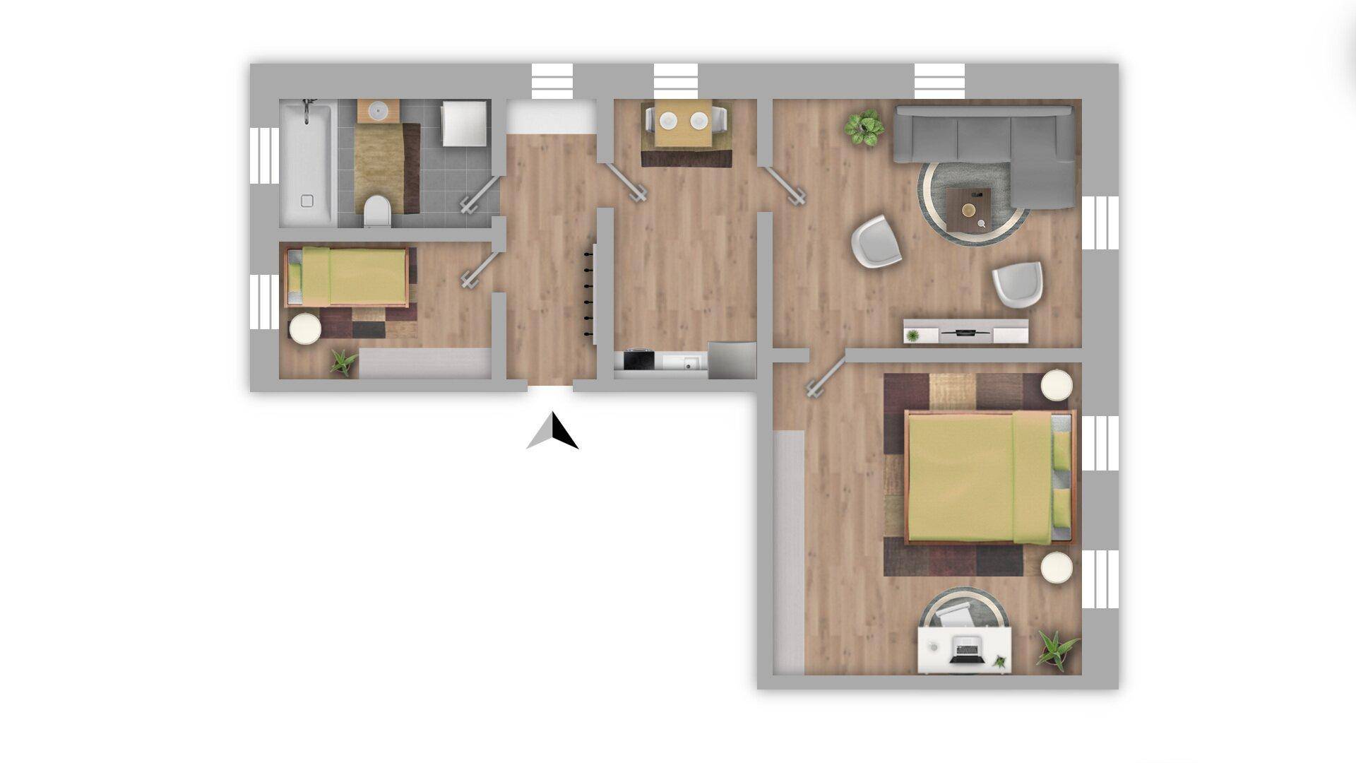 Grundriss einer Wohnung mit zwei Schlafzimmern, offenem Wohnbereich und Bad.