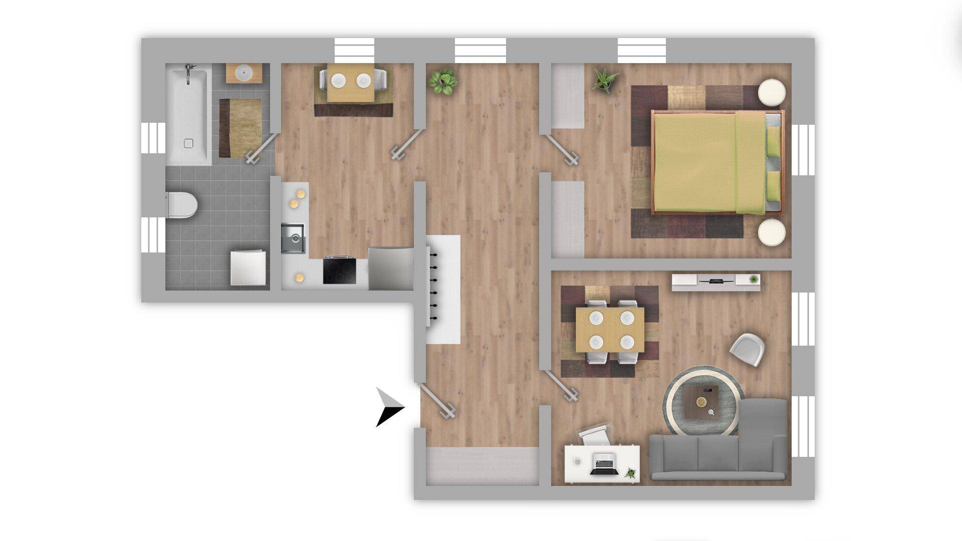 Grundriss einer Wohnung mit zwei Schlafzimmern, offenem Wohnbereich und Bad.