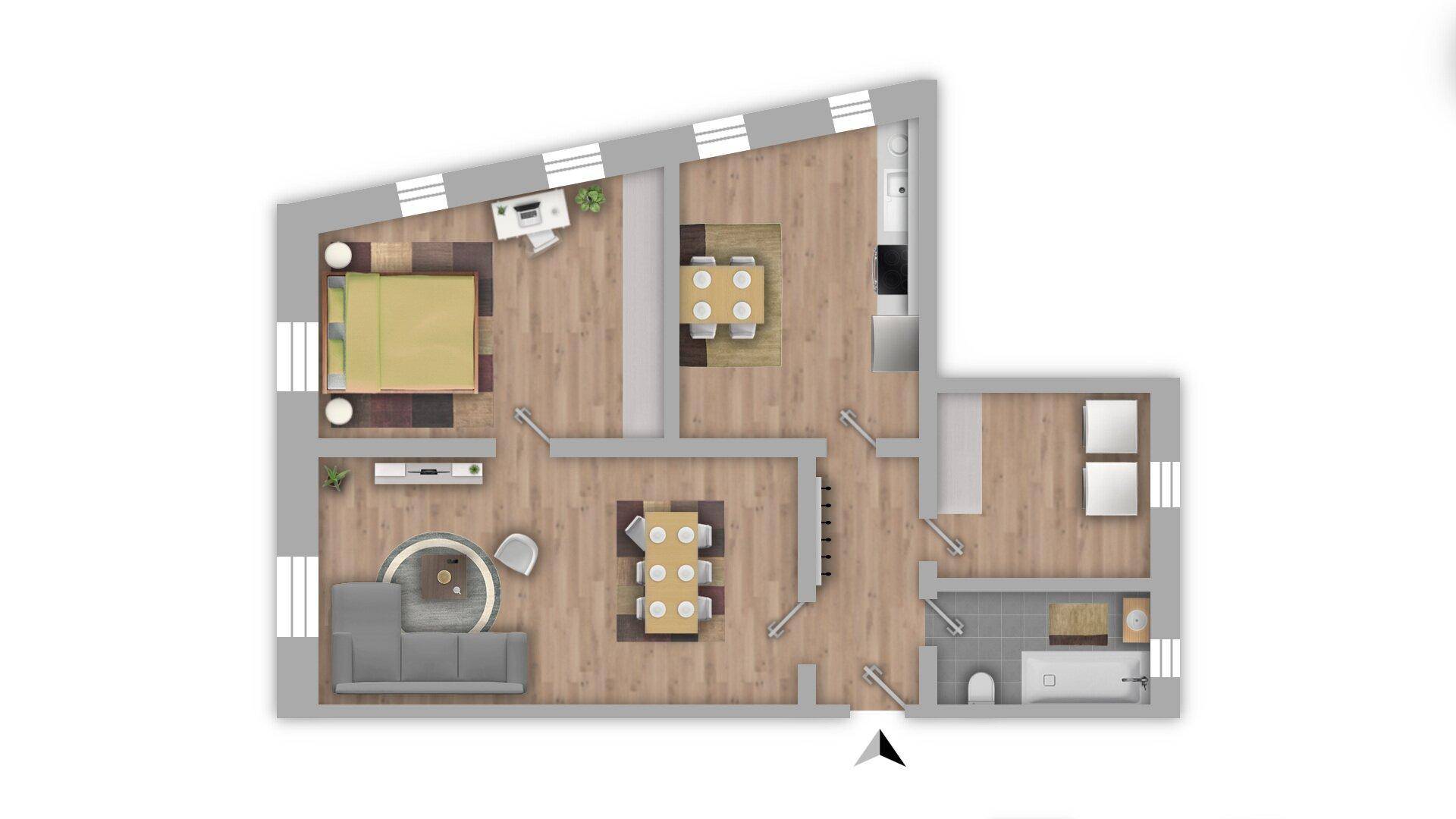 Grundriss einer Wohnung mit zwei Schlafzimmern, offenem Wohnbereich und Bad.