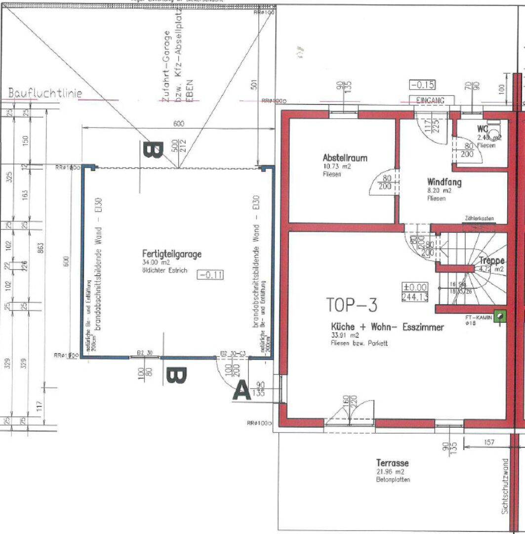 Grundriss des Erdgeschosses mit Küche, Wohn-Esszimmer, WC und Abstellraum.