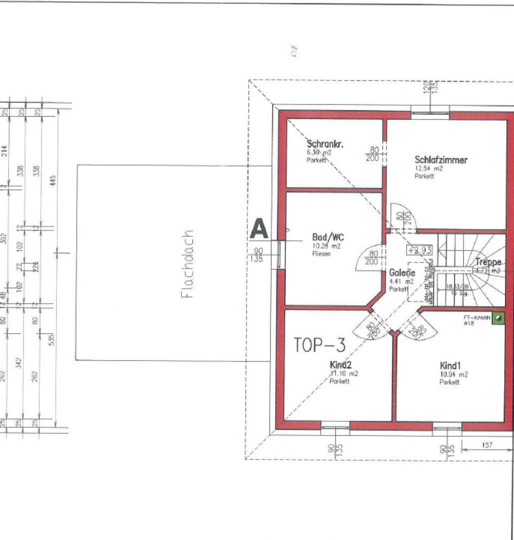 Grundriss des Obergeschosses mit Schlafzimmern, Bad/WC und Galeriebereich.