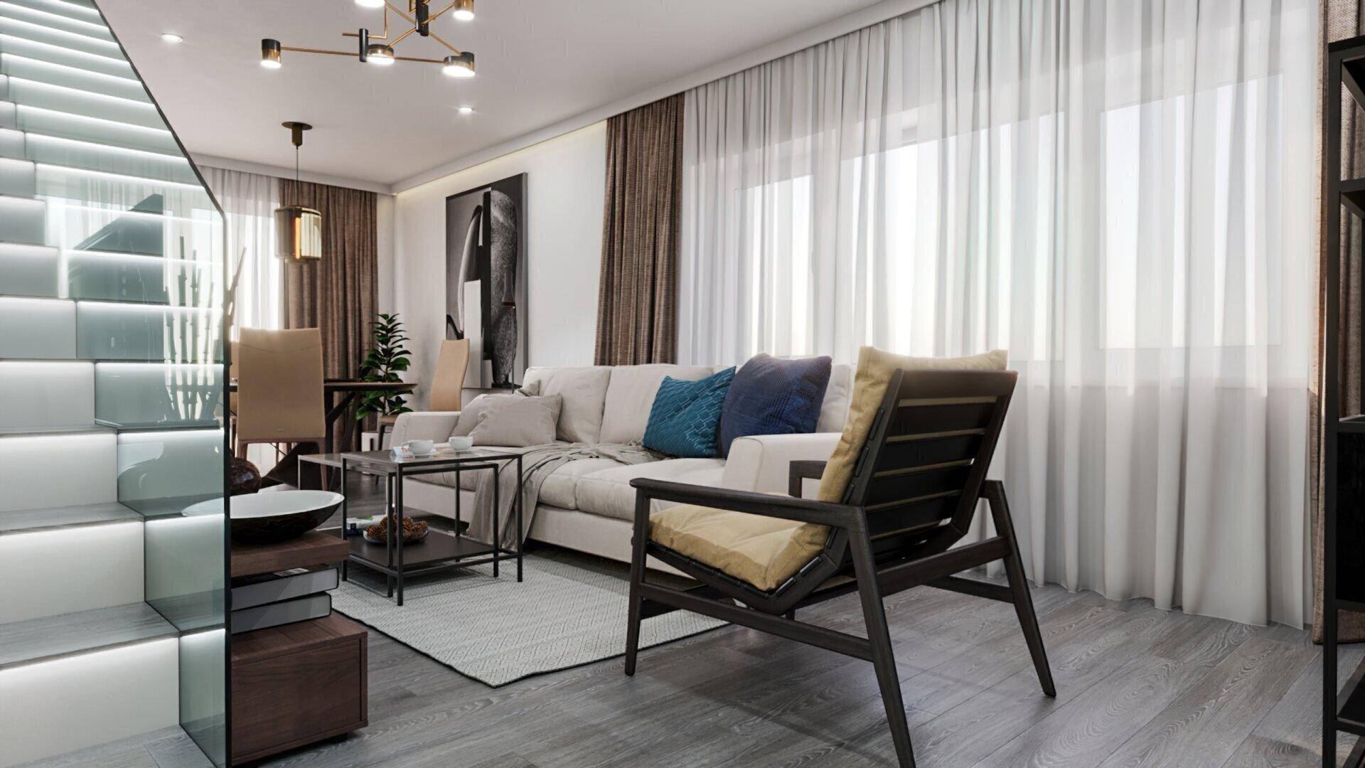 Modernes Wohnzimmer mit großen Fenstern, hellem Holzboden und stilvollen Möbeln, das viel natürliches Licht erhält.