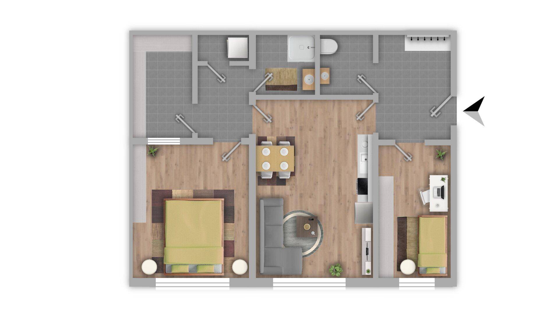Übersichtlicher Grundriss der Wohnung mit zwei Schlafzimmern, Wohnbereich und Bädern.