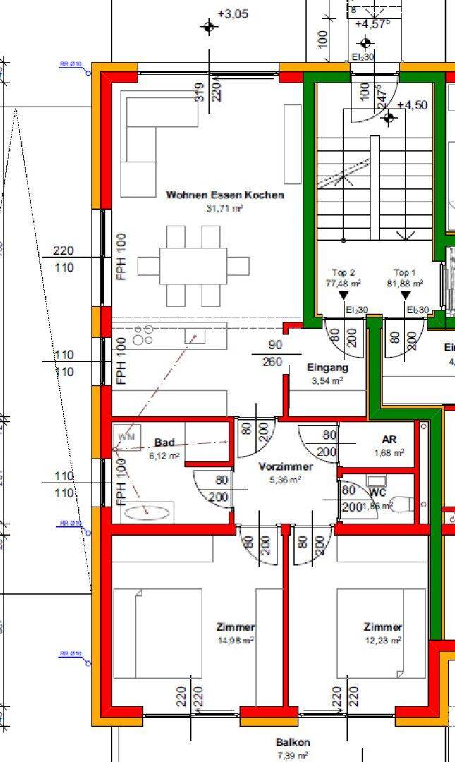 Grundriss einer Wohnung mit offenem Wohn-Ess-Kochbereich, zwei Zimmern und Balkon.