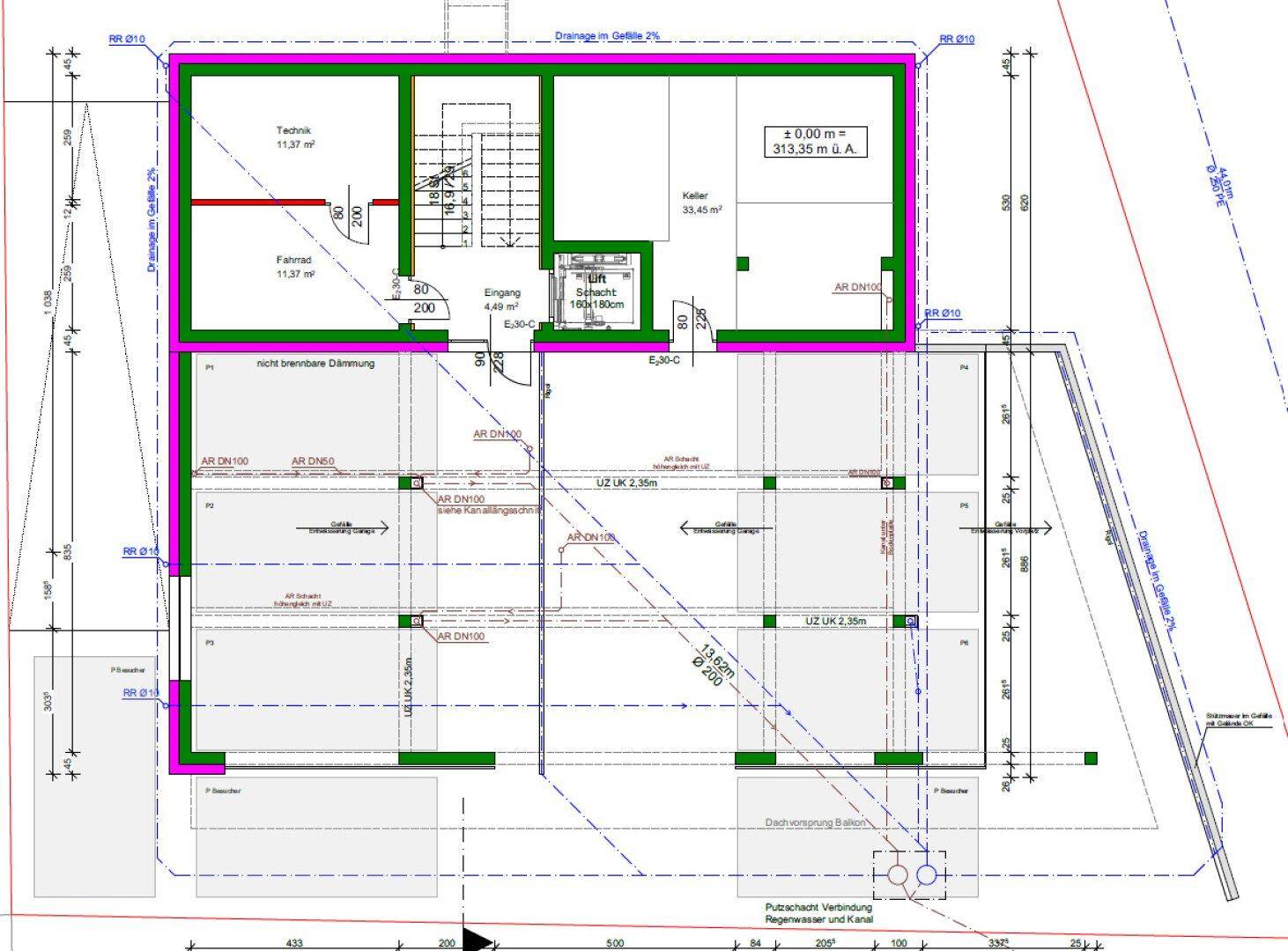 Grundriss des Untergeschosses mit Technikraum, Fahrradraum und Tiefgaragenzufahrt.
