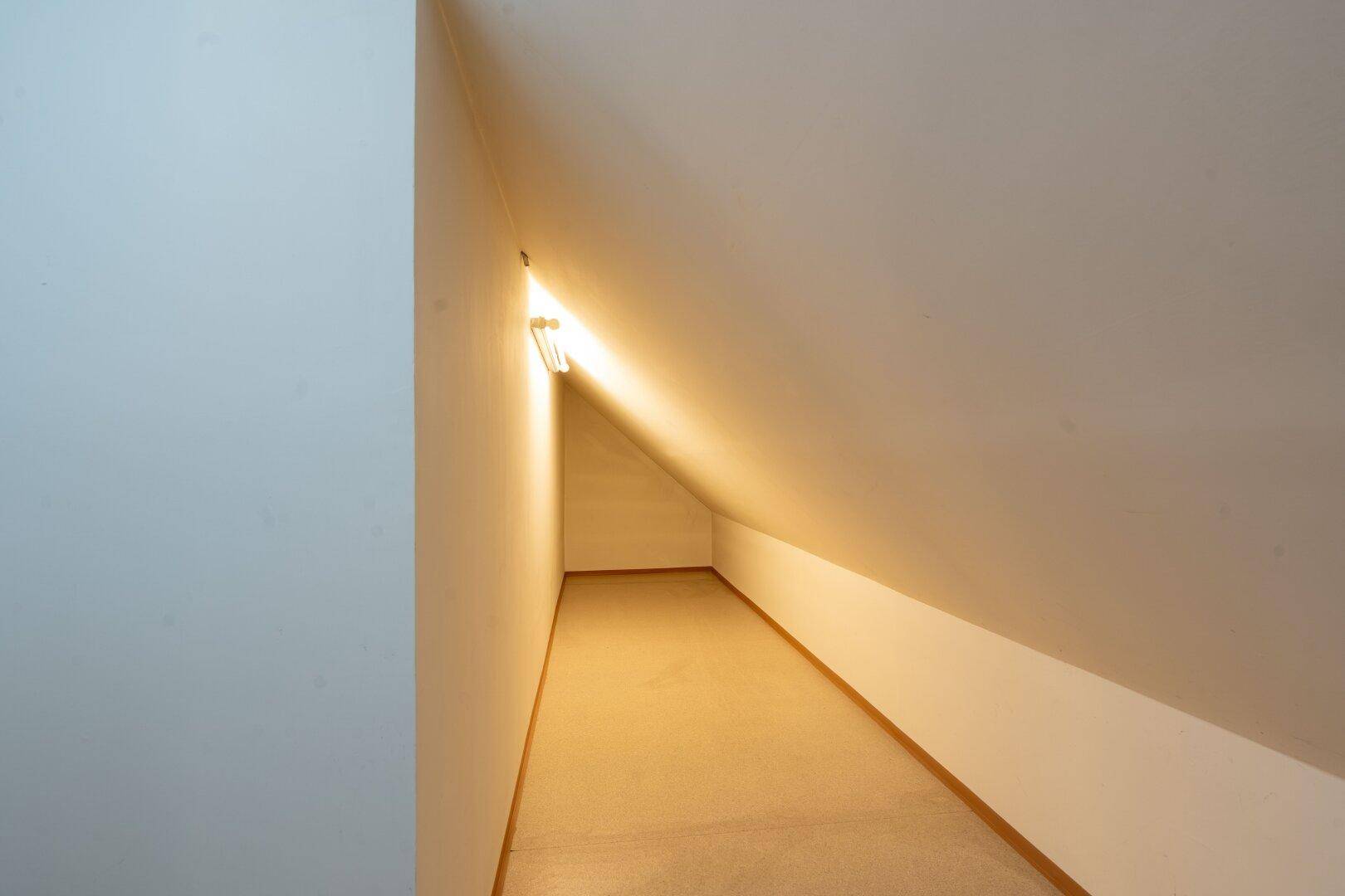 Praktischer Stauraum im Dachgeschoss mit schrägen Wänden und Teppichboden, ideal für die Aufbewahrung.