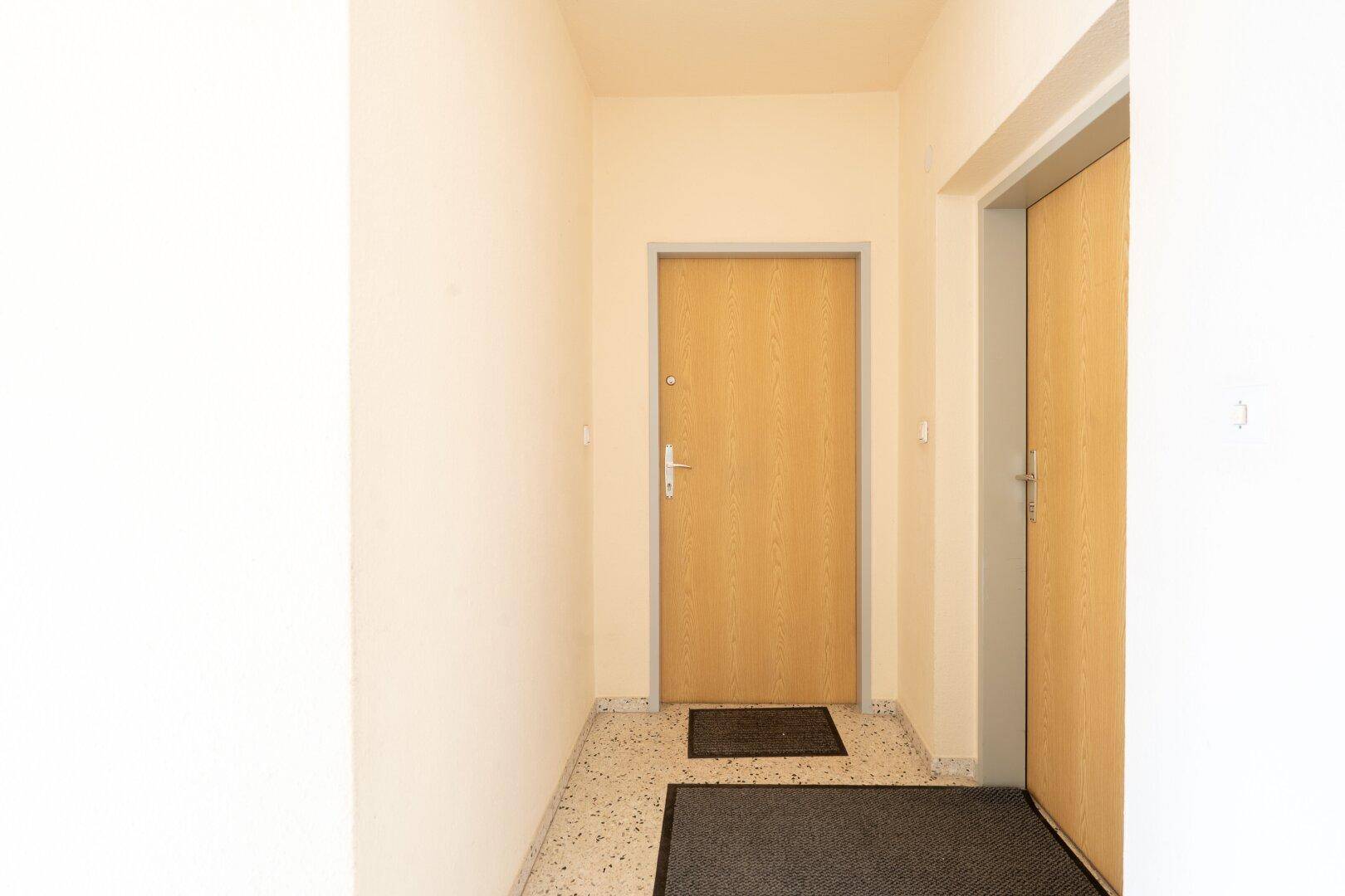 Eingangsbereich mit Fliesenboden und einer Holztür, der einen hellen und einladenden Empfang bietet.
