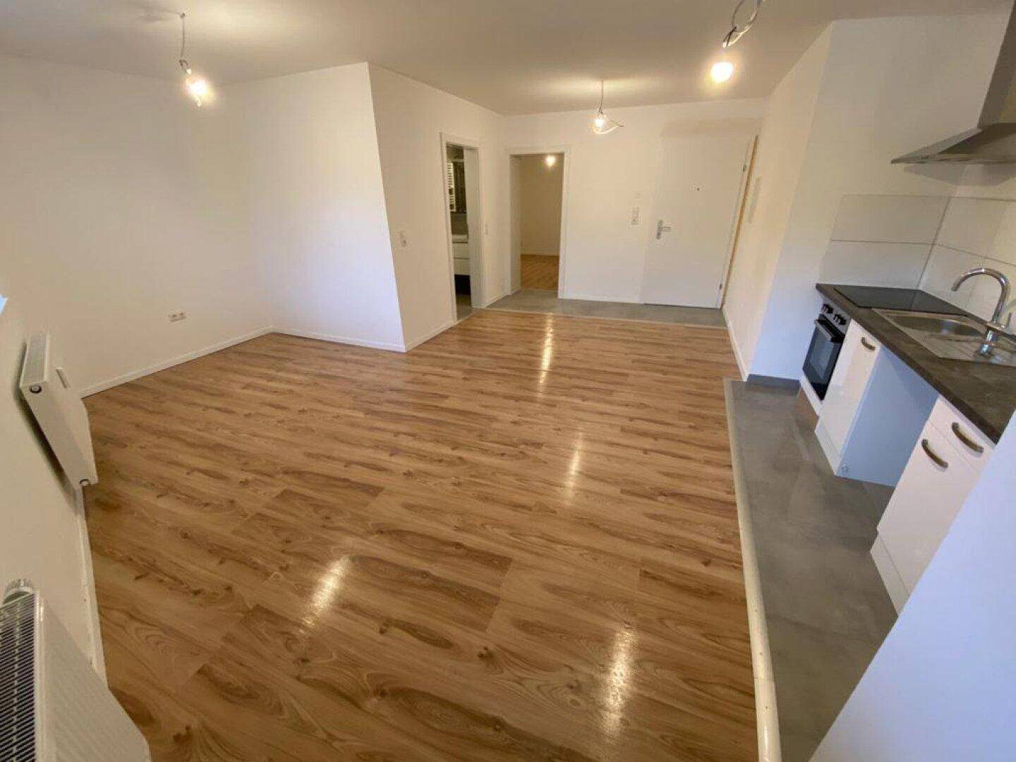 Offener Wohnbereich mit Laminatboden und einer integrierten Küchenzeile im Hintergrund des Raumes.