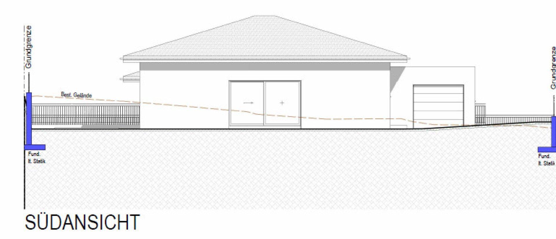 Südansicht des Hauses mit großen Schiebetüren und integrierter Garage.