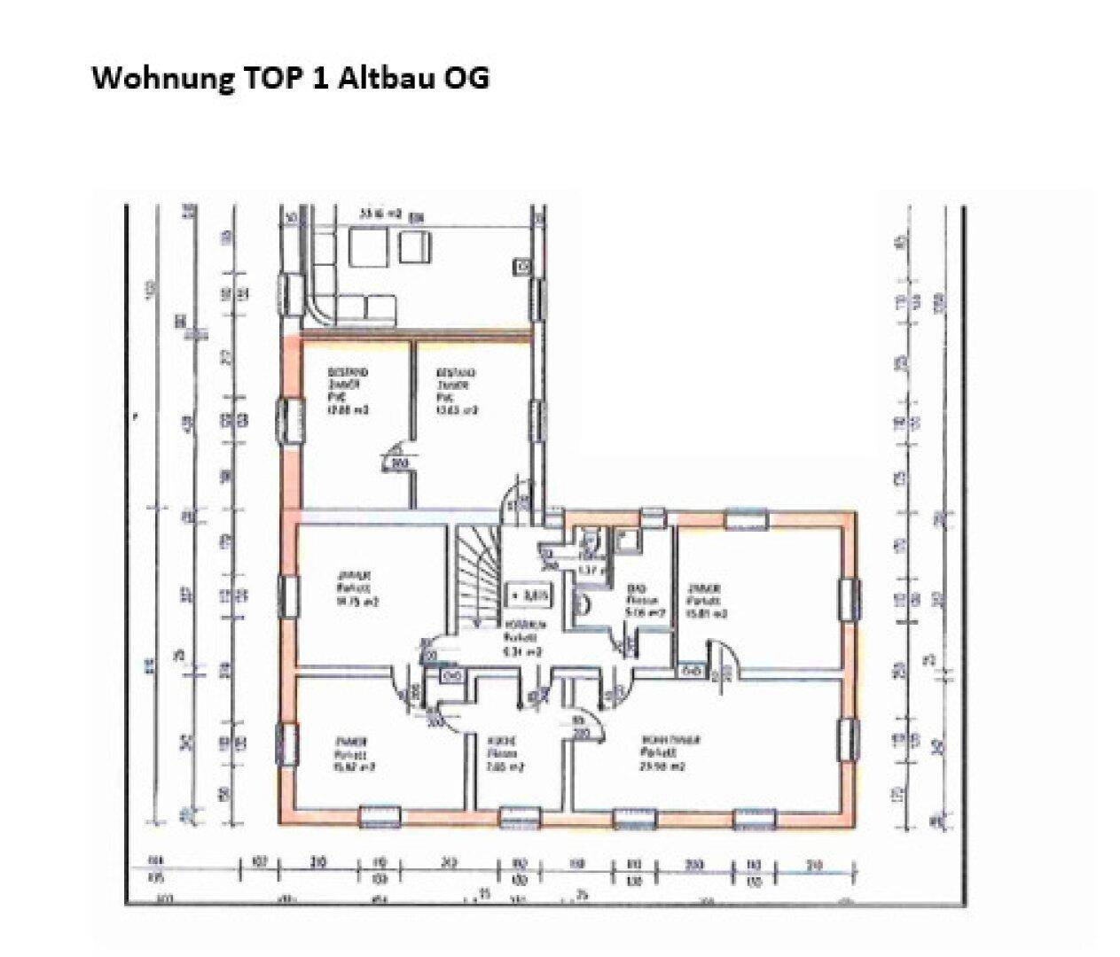 Grundriss der Wohnung TOP 1 im Obergeschoss des Altbaus mit Küche, Bad und Zimmern.