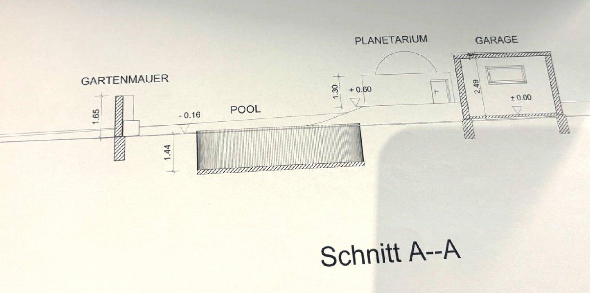 Gebäudeschnitt A-A zeigt die Anordnung von Pool, Planetarium und Garage auf dem Grundstück.