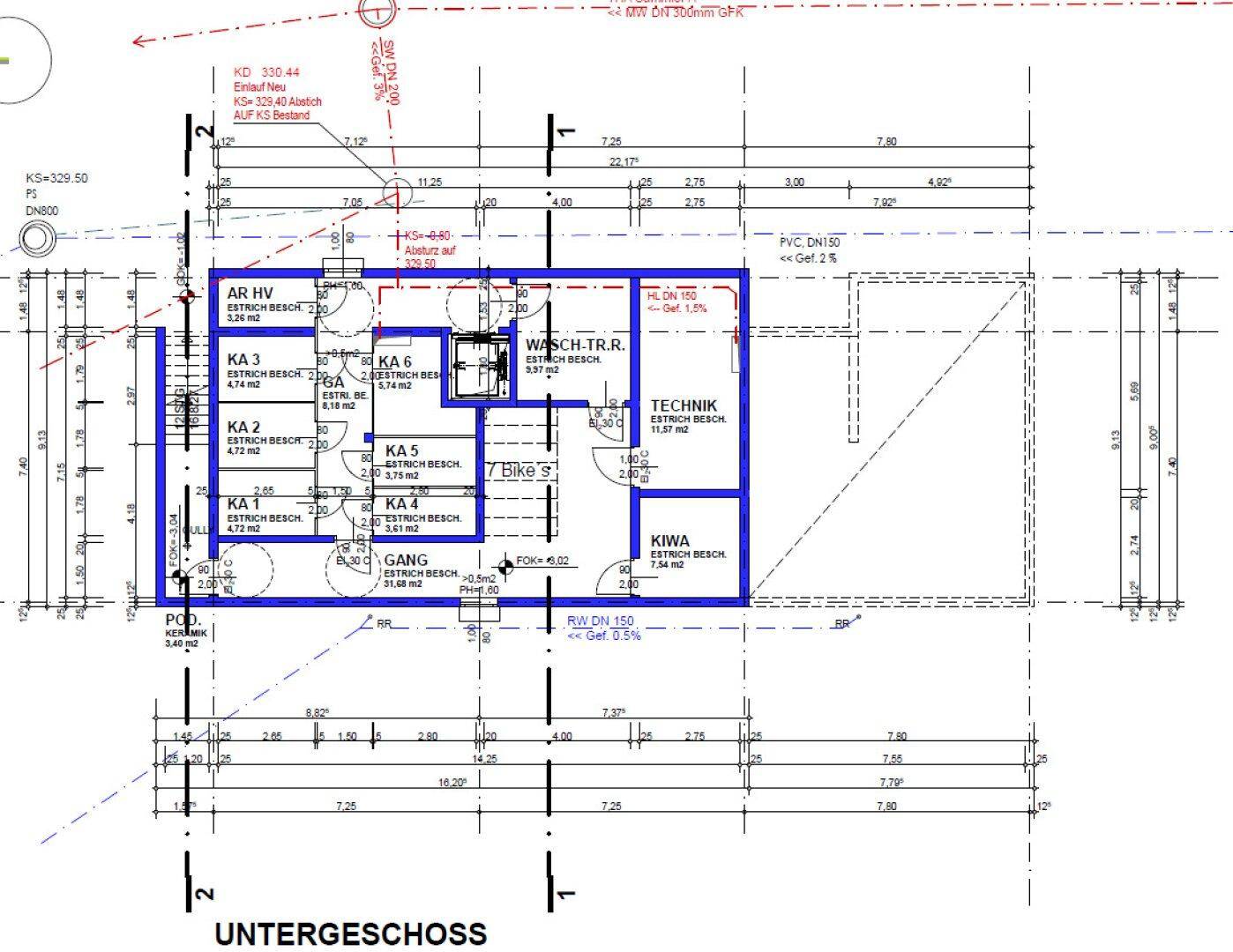 Grundriss des Untergeschosses mit Technikraum, Waschraum und Abstellkammern.