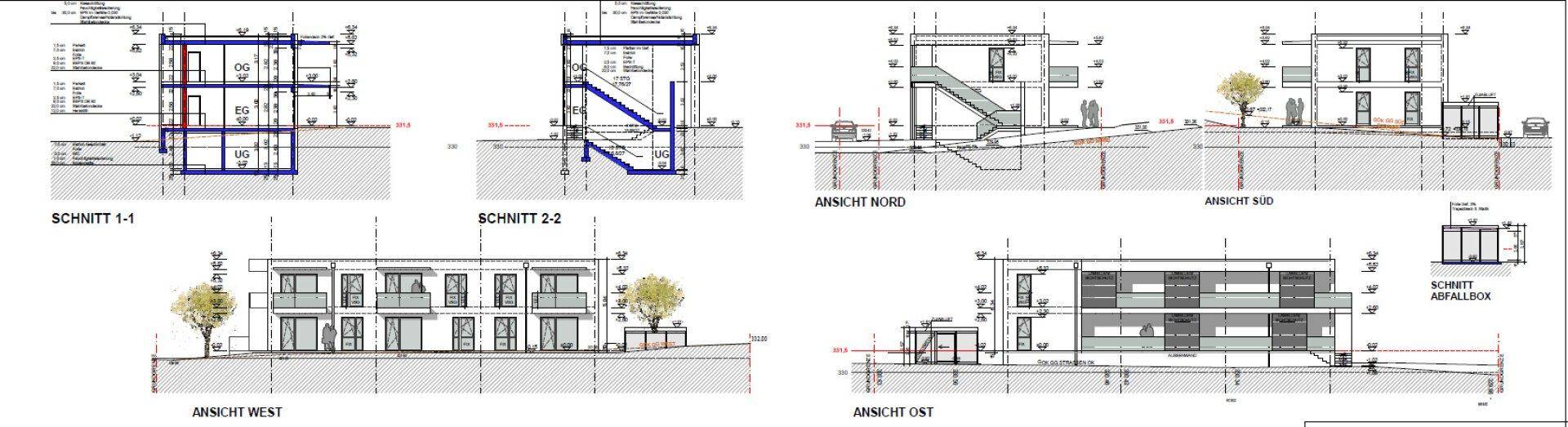 Architektonische Schnitte und Ansichten der Wohngebäude mit verschiedenen Perspektiven.