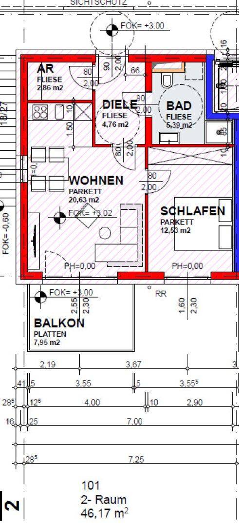 Grundriss einer 2-Zimmer-Wohnung mit Balkon, Schlafzimmer und offenem Wohnbereich.