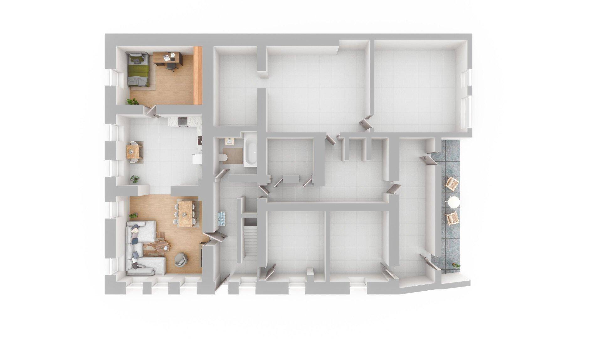 Detaillierter Grundriss einer Wohnung mit möblierten Bereichen und einem Balkon.