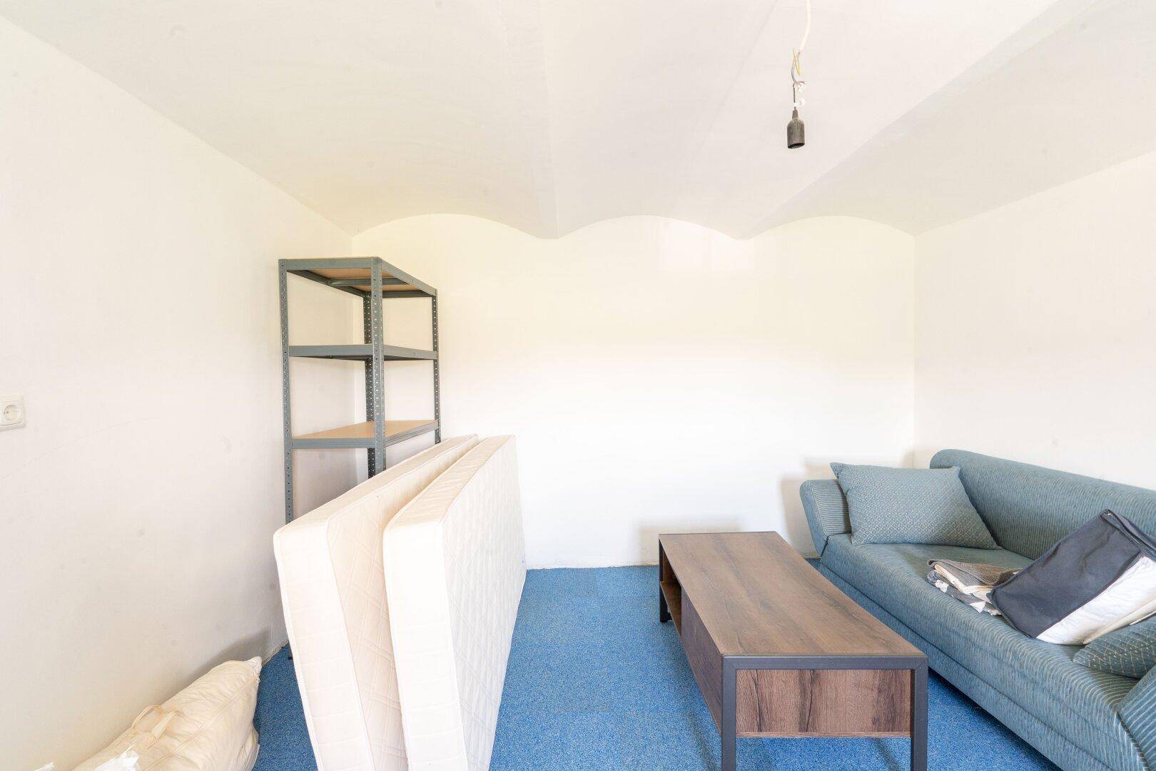 Einfaches Wohnzimmer mit blauem Teppich, Sofa und Regal, das zusätzlichen Stauraum bietet.