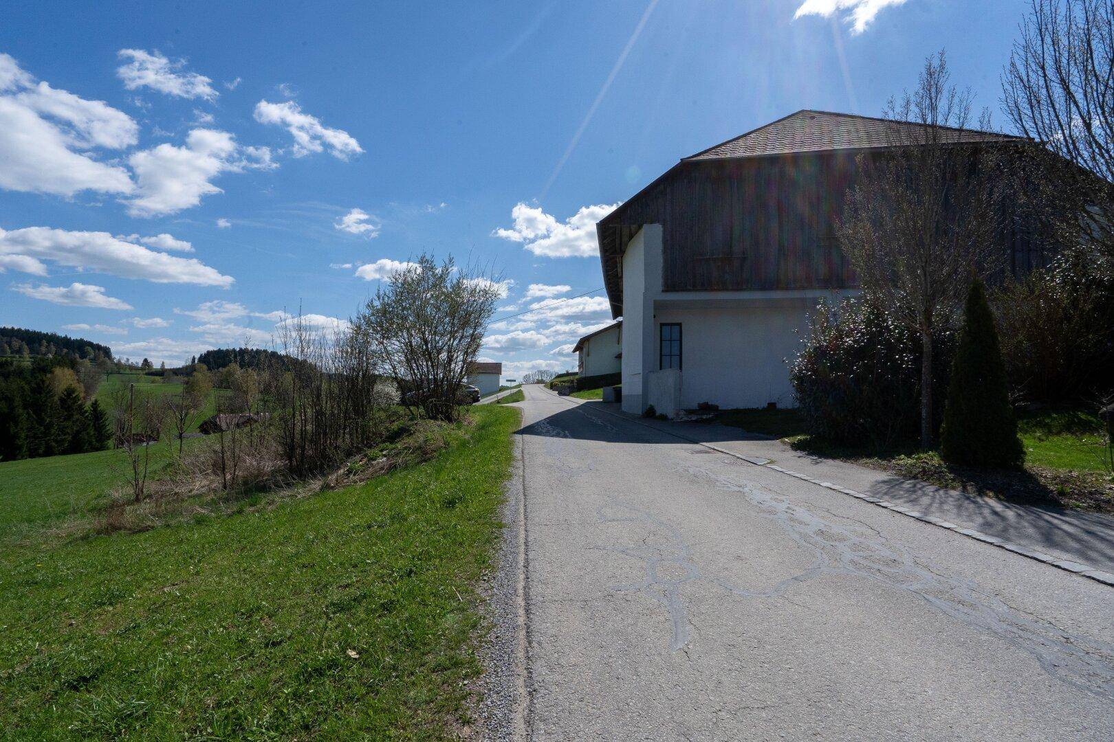 Landstraße führt an einem Gebäude mit Holzverkleidung vorbei, umgeben von grüner Hügellandschaft.