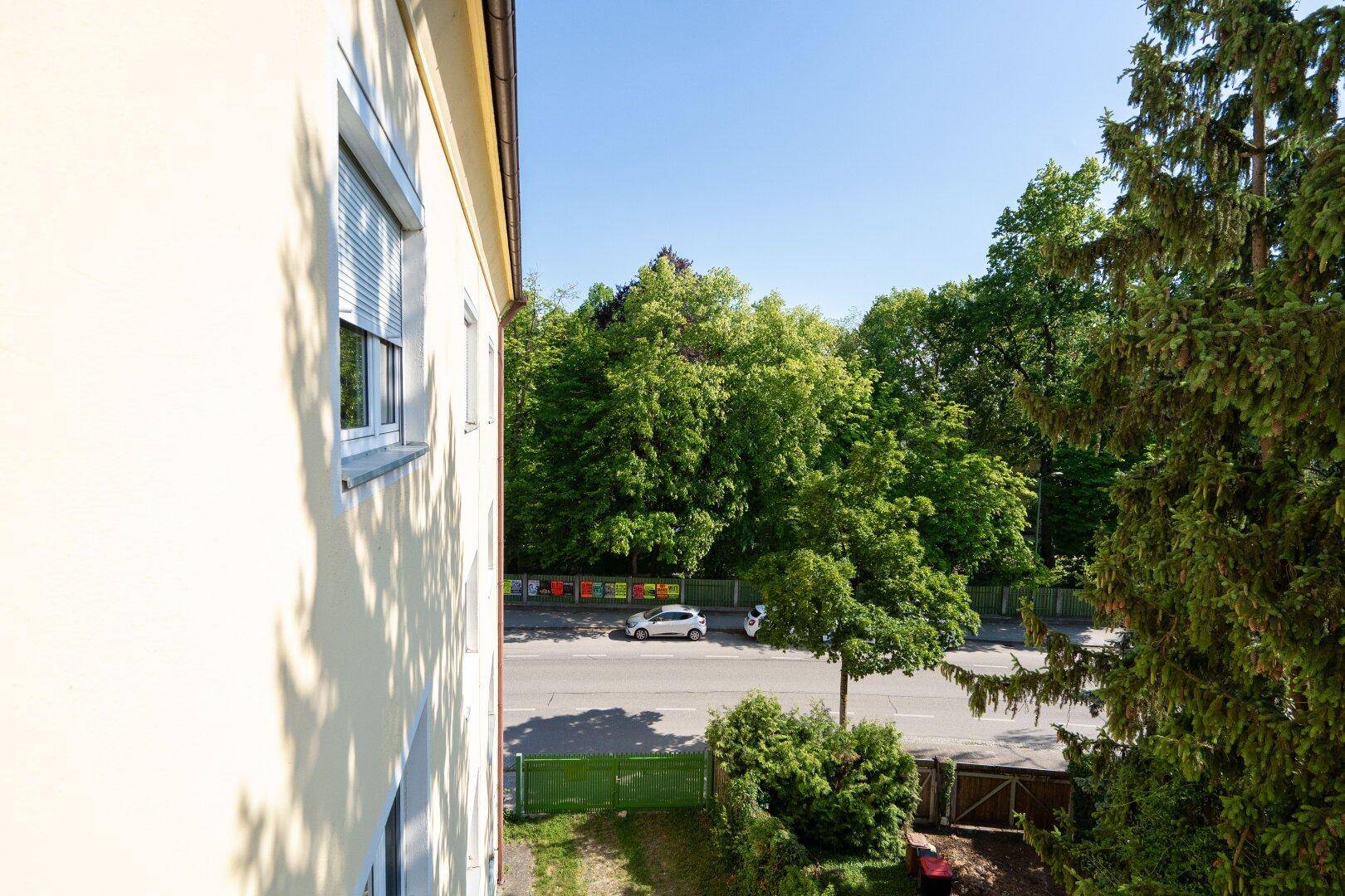 Seitenansicht eines Gebäudes mit Fenstern und Blick auf eine von Bäumen gesäumte Straße.