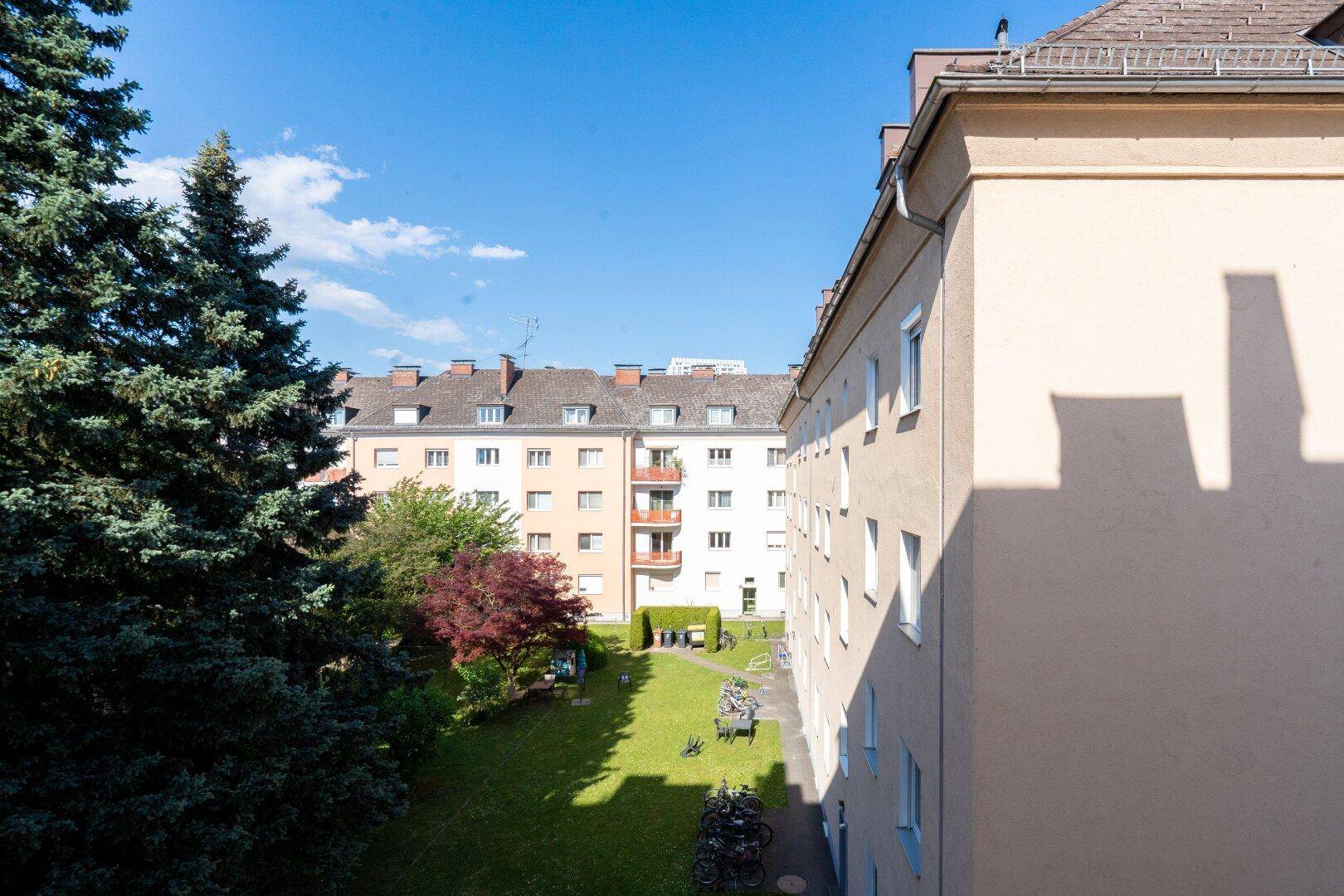 Blick auf einen grünen Innenhof mit Bäumen und umliegenden Wohngebäuden.