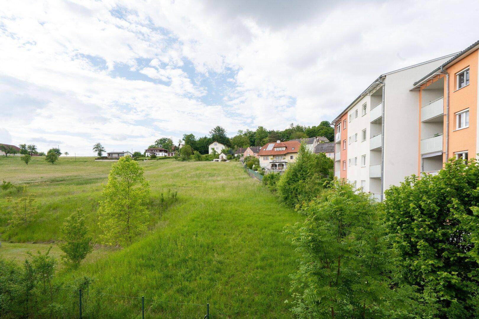 Weitläufige grüne Hügellandschaft mit vereinzelten Häusern unter einem bewölkten Himmel.