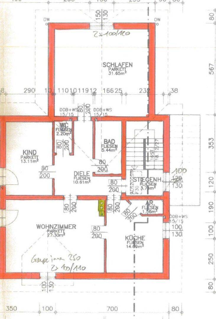 Grundriss einer weiteren Etage mit Schlafzimmer, Kinderzimmer, Wohnzimmer und Küche.