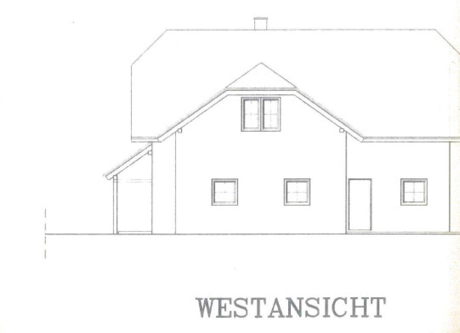 Architektonische Westansicht des Hauses mit Fenstern und Dachform.