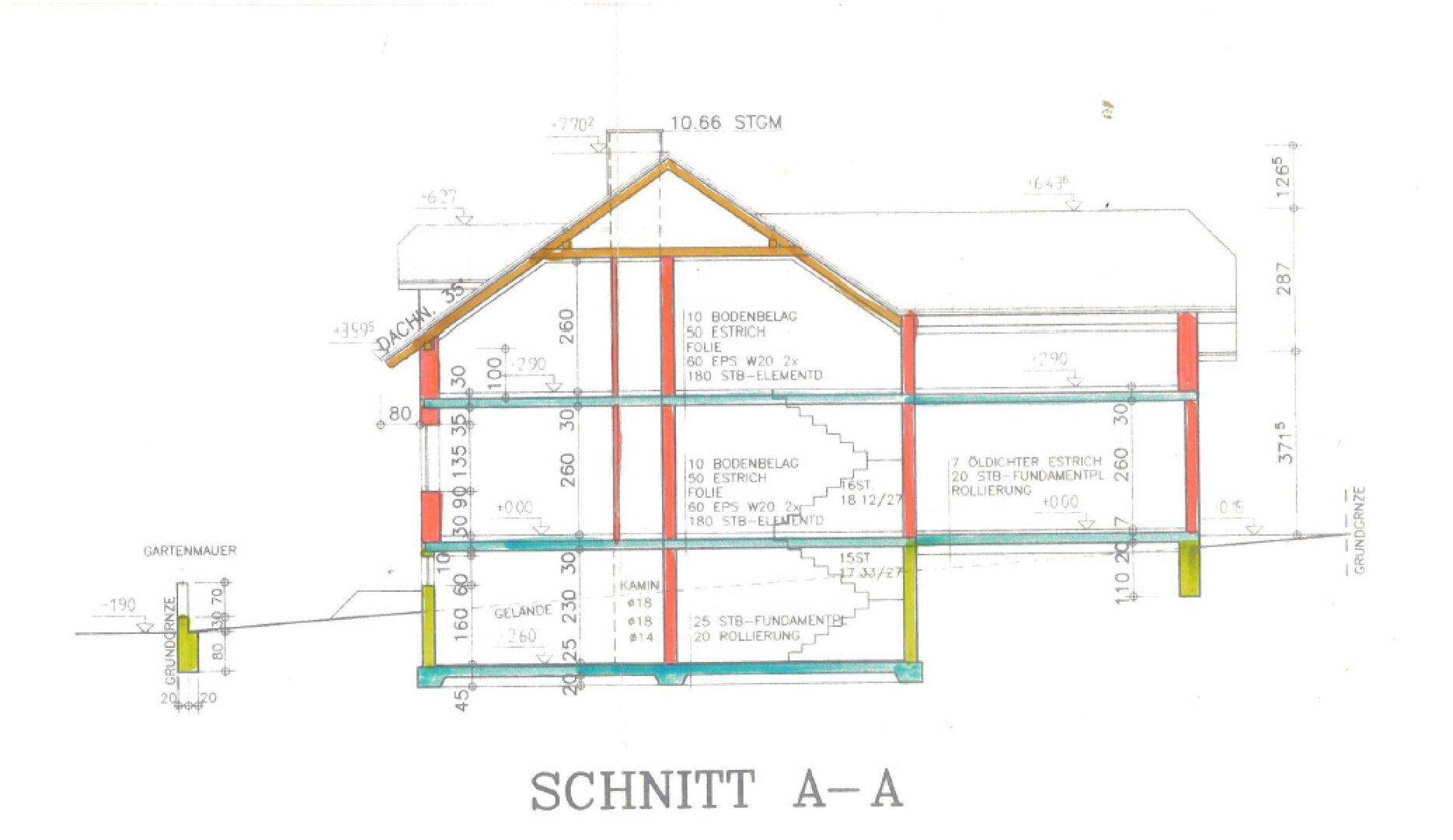 Architektonischer Schnitt des Hauses, der die verschiedenen Ebenen und Dachkonstruktion zeigt.