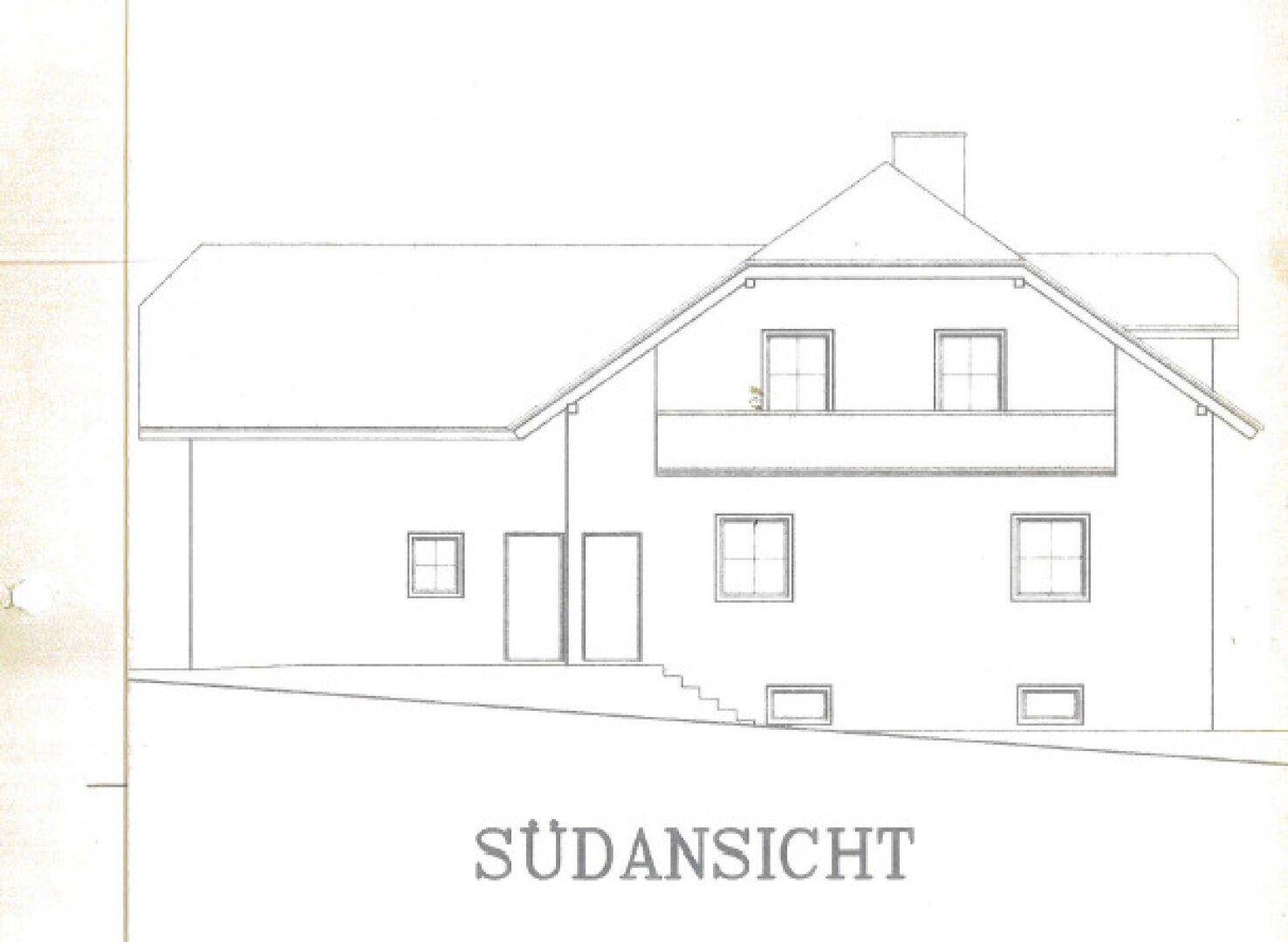 Architektonische Südansicht des Hauses mit Balkon und Treppenaufgang.
