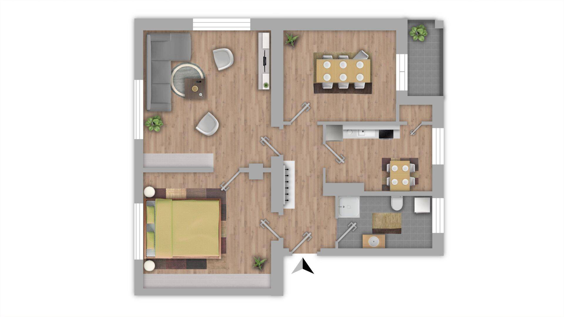 Detaillierter Grundriss einer Wohnung mit Wohnzimmer, Schlafzimmer und Essbereich.