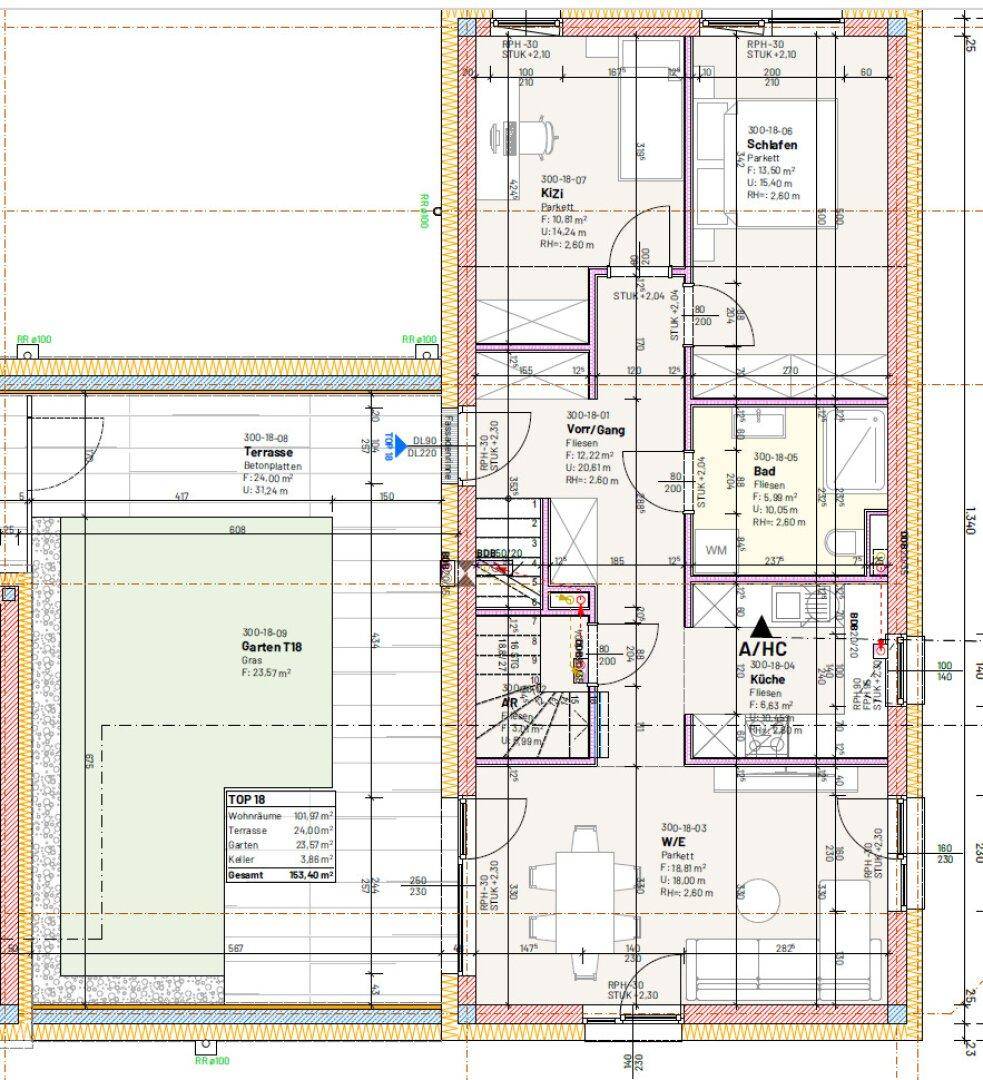 Grundriss des Erdgeschosses und Obergeschosses mit offenem Wohn-Essbereich, Küche, Garten und Terrasse.