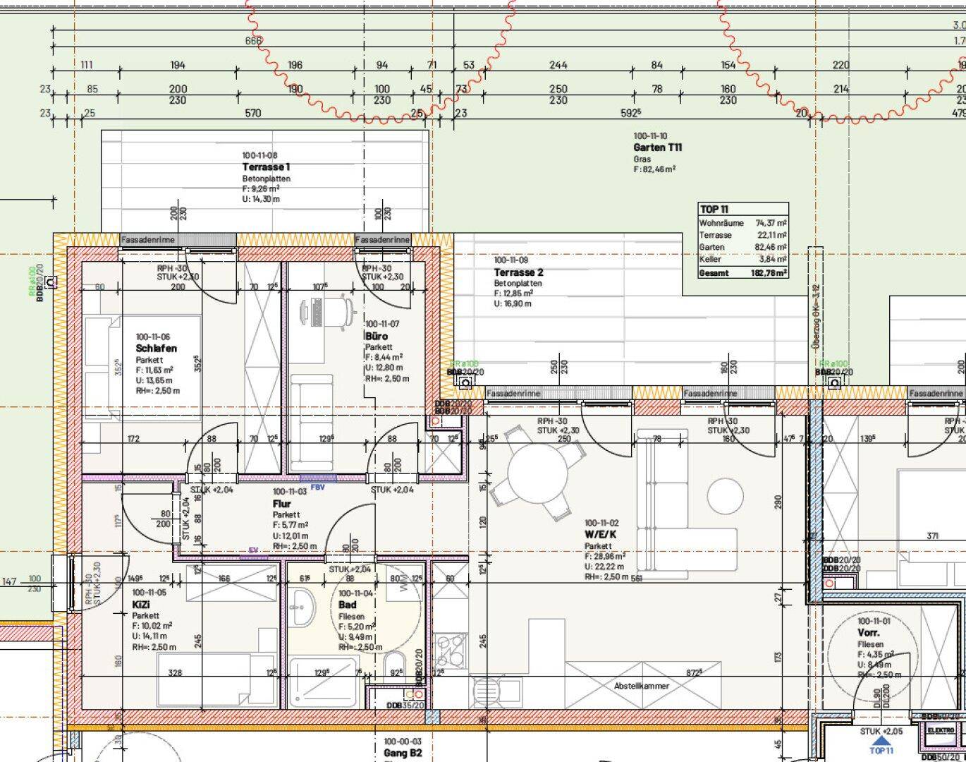 Grundriss einer Wohnung mit offenem Wohn-Essbereich, mehreren Schlafzimmern, Bad, zwei Terrassen und einem Garten.