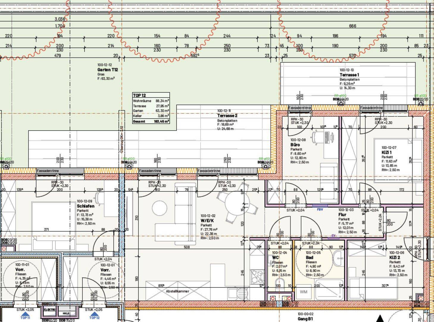 Detaillierter Grundriss einer Wohnung mit offenem Wohn-Ess-Küchenbereich, drei Schlafzimmern, zwei Terrassen und Garten.