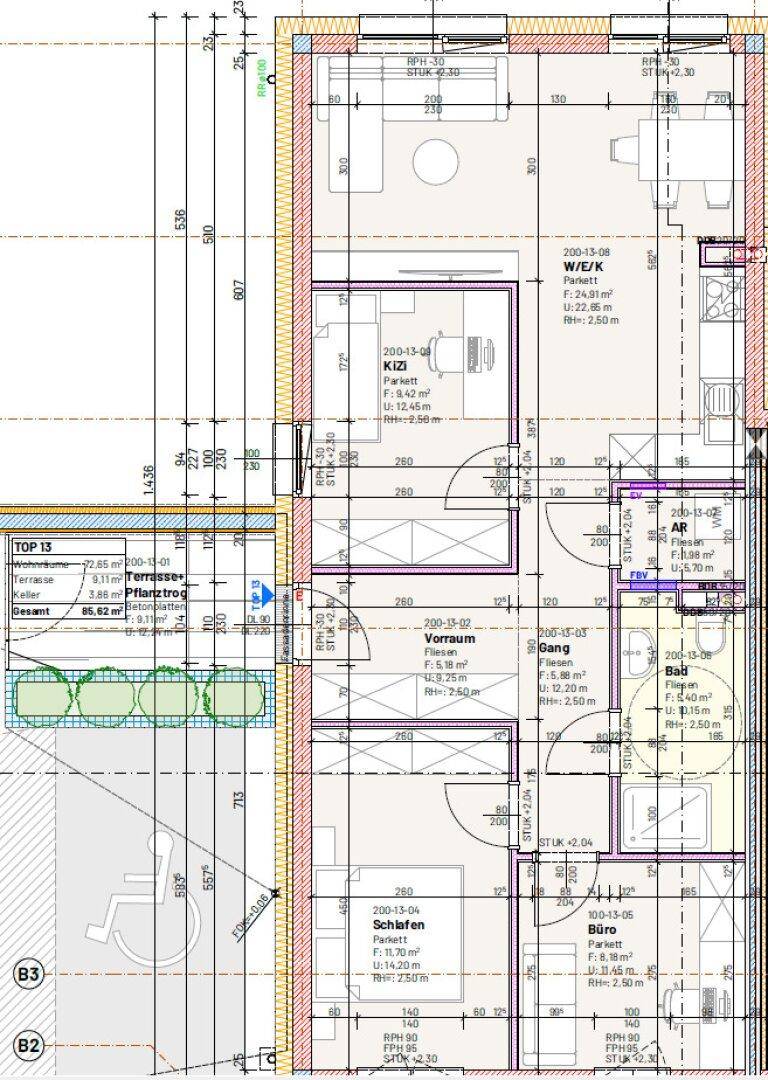 Grundriss einer barrierefreien Wohnung mit offenem Wohn-Ess-Küchenbereich, Schlafzimmer, Kinderzimmer, Büro und großer Terrasse mit Pflanztrog.
