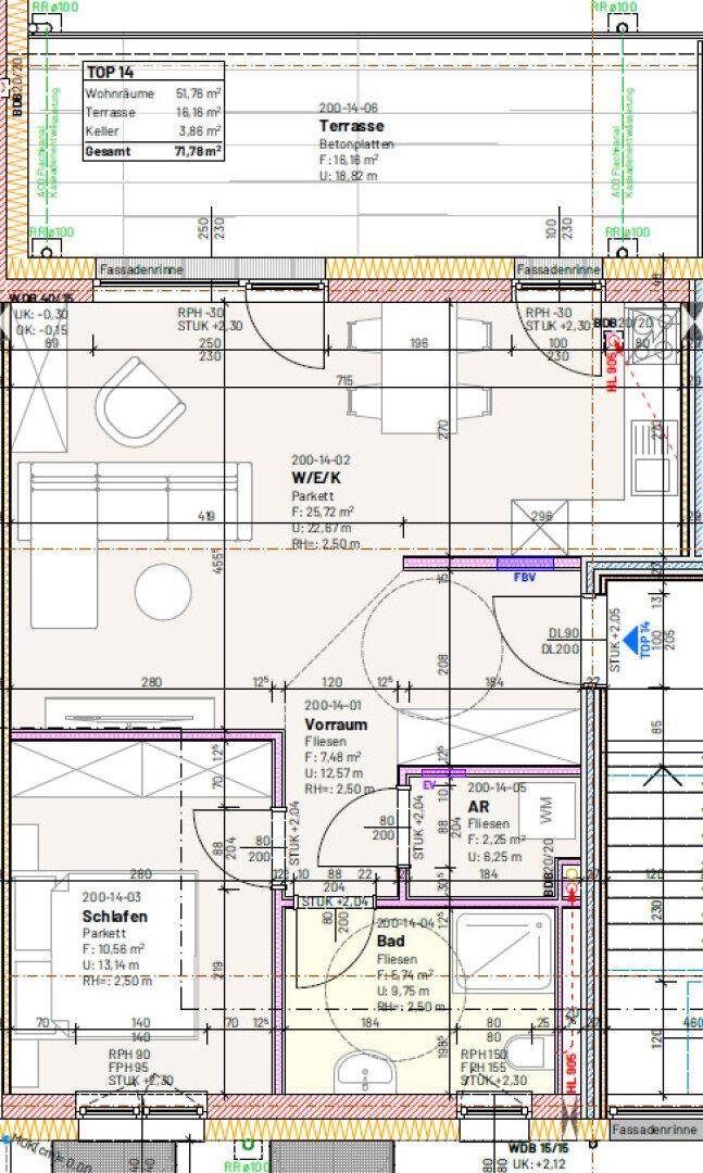 Grundriss einer Wohnung mit offenem Wohn-Essbereich, Schlafzimmer, Bad und Zugang zu einer Terrasse.