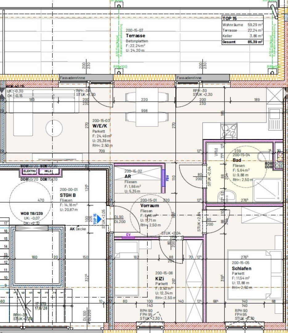 Grundriss einer Wohnung mit offenem Wohn-Essbereich, Schlafzimmer, Bad und großer Terrasse.