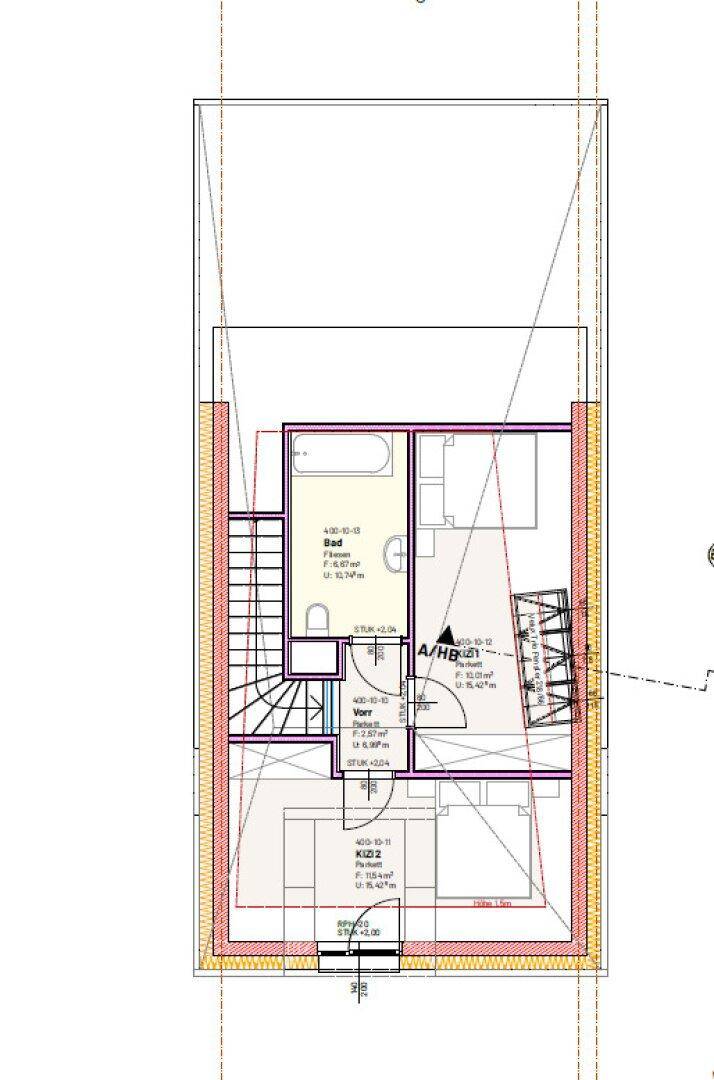 Dieser Grundriss zeigt das Obergeschoss mit einem Schlafzimmer, Bad und Flur unter einer Dachschräge.