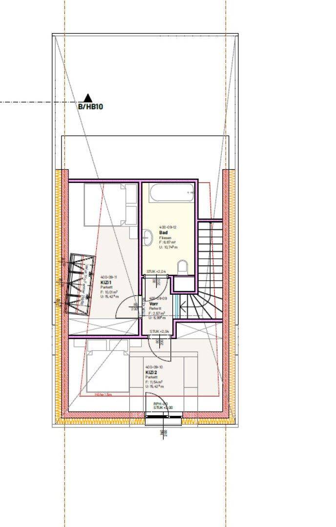 Grundriss des Obergeschosses mit Schlafzimmer, Bad, separatem WC und begehbarem Kleiderschrank unter Dachschrägen.