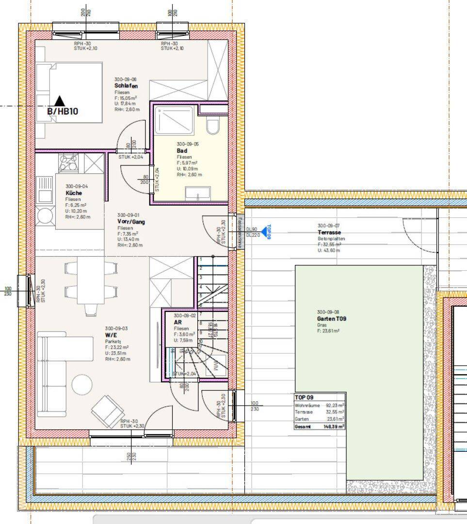 Detaillierter Grundriss einer Wohnung mit offenem Wohnbereich, Schlafzimmer, Bad, separatem WC, Terrasse und Garten.