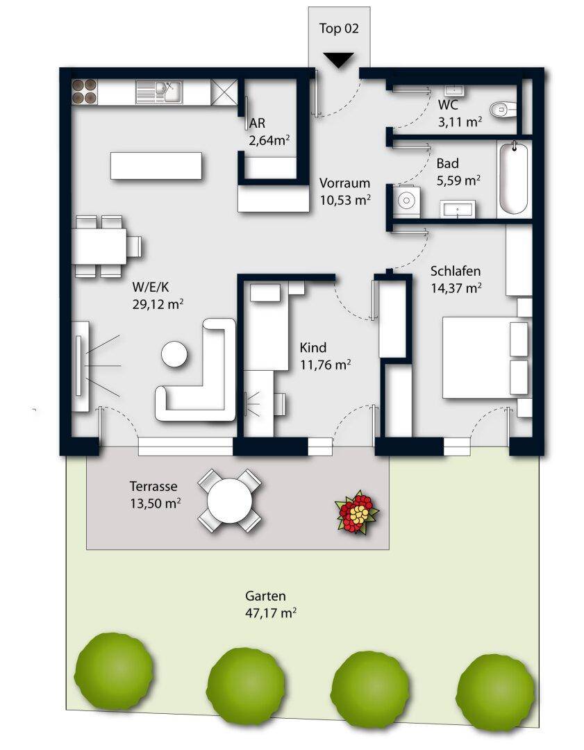 Grundriss einer Wohnung mit Wohn-Essbereich, zwei Schlafzimmern, Bad und Terrasse mit Garten.