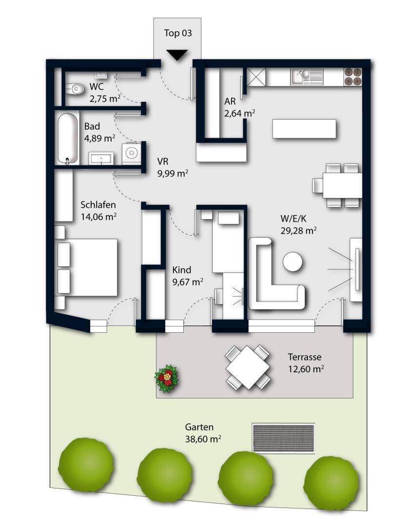 Grundriss der Wohnung Top 03 mit Terrasse, Garten, zwei Schlafzimmern und offenem Wohnbereich.