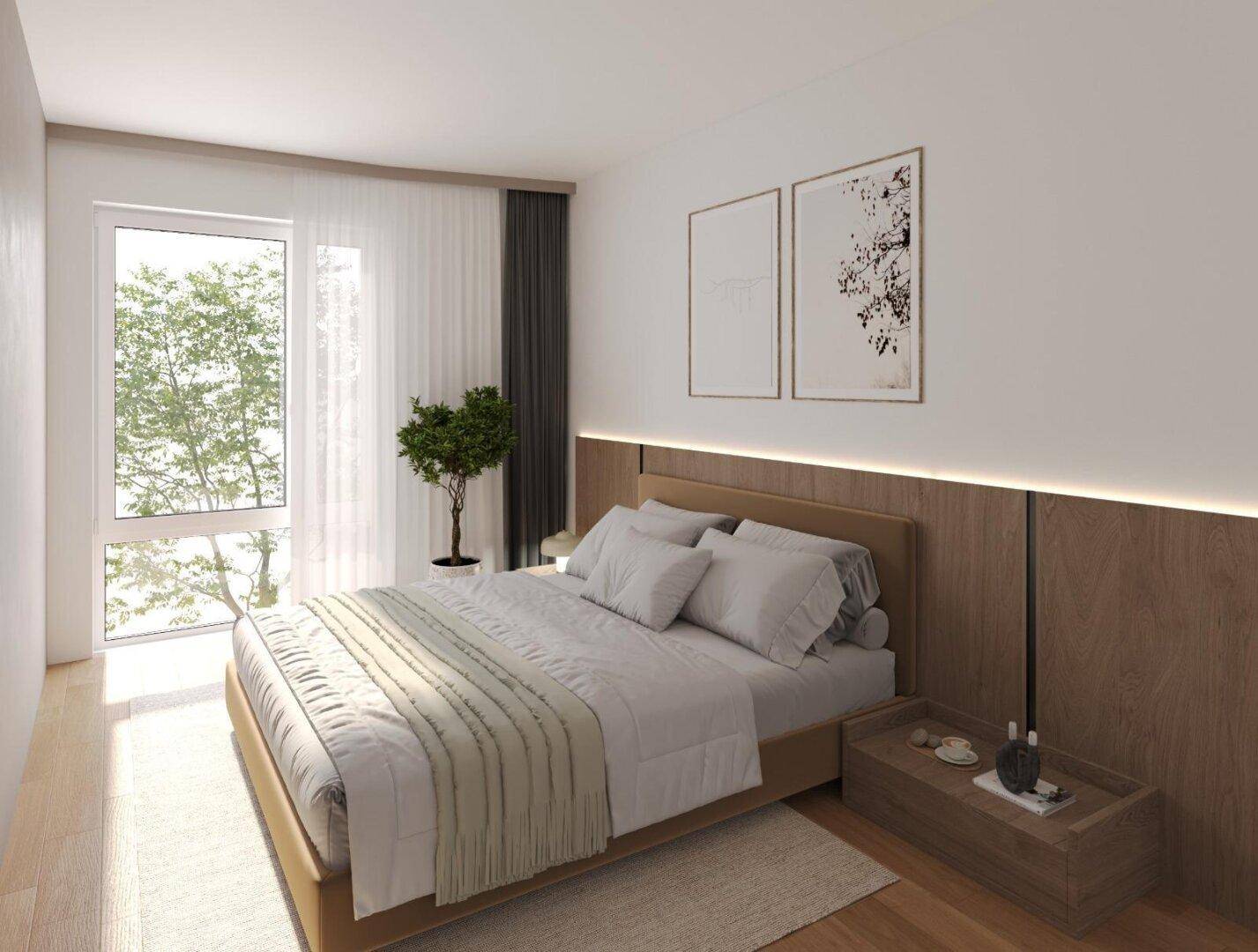 Helles Schlafzimmer mit Holzbett, Parkettboden und großem Fenster mit Blick ins Grüne.