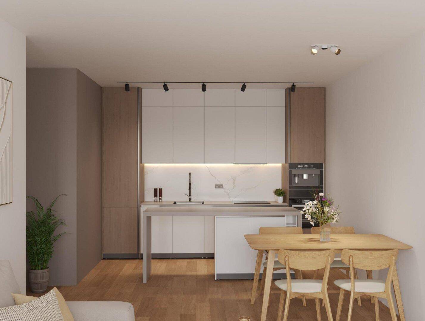 Moderne offene Küche mit Holzelementen, integrierten Geräten und Essbereich.