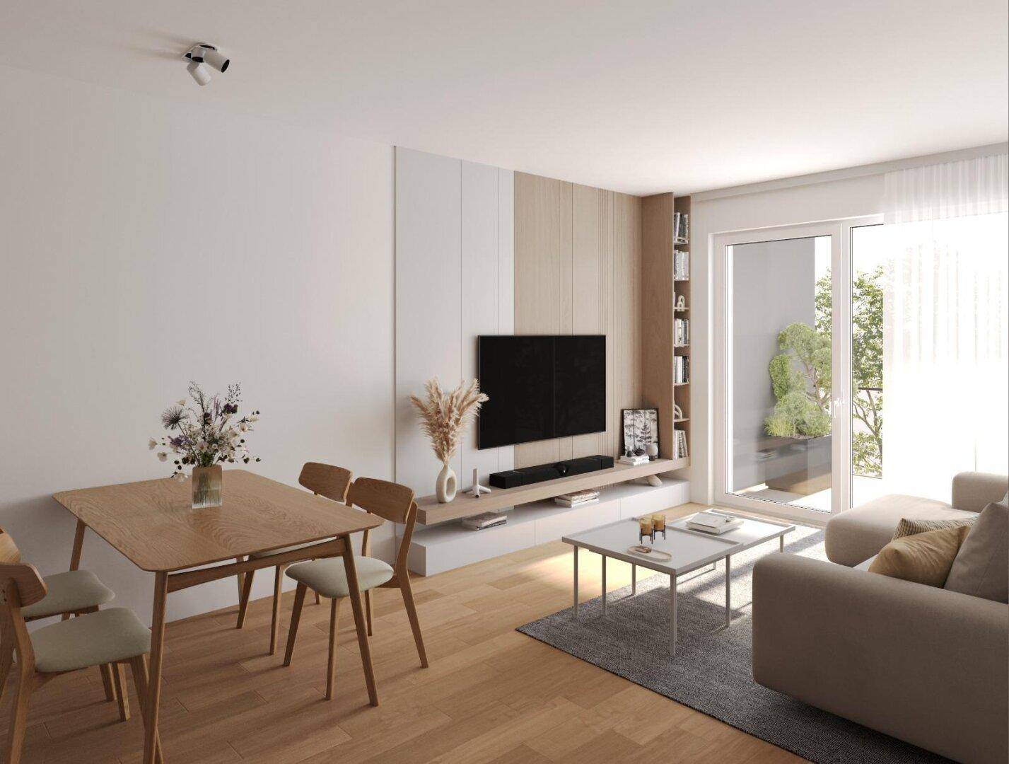 Heller Wohn- und Essbereich mit Holzboden, modernem TV-Möbel und Zugang zum Balkon.