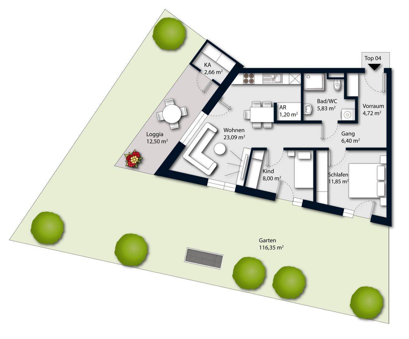 Grundriss einer Wohnung mit Loggia, Garten und offenem Wohnbereich.