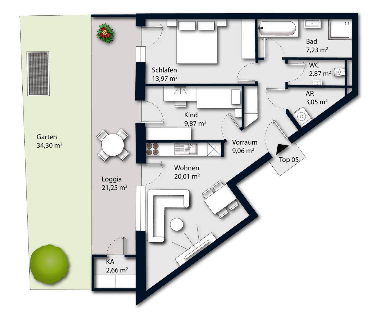 Grundriss einer Wohnung mit Wohnbereich, Schlafzimmern, Bad, WC, Loggia und Garten.