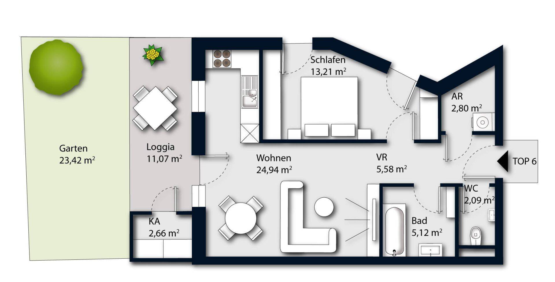 Grundriss einer Wohnung mit Garten, Loggia, Schlafzimmer und offenem Wohnbereich für optimale Raumaufteilung.