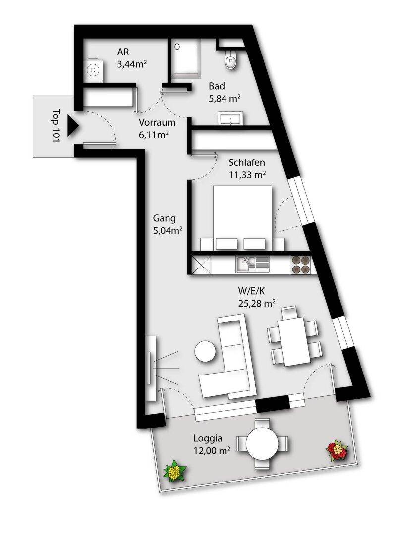 Detaillierter Grundriss einer Wohnung mit Loggia, Schlafzimmer und offenem Wohnbereich.