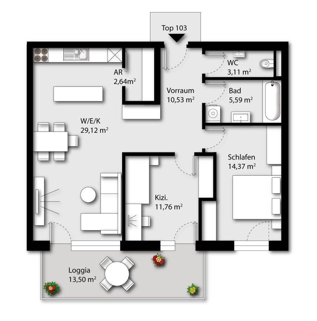 Grundriss einer Wohnung mit Wohn-/Ess-/Kochbereich, Schlafzimmer, Kinderzimmer und Loggia.