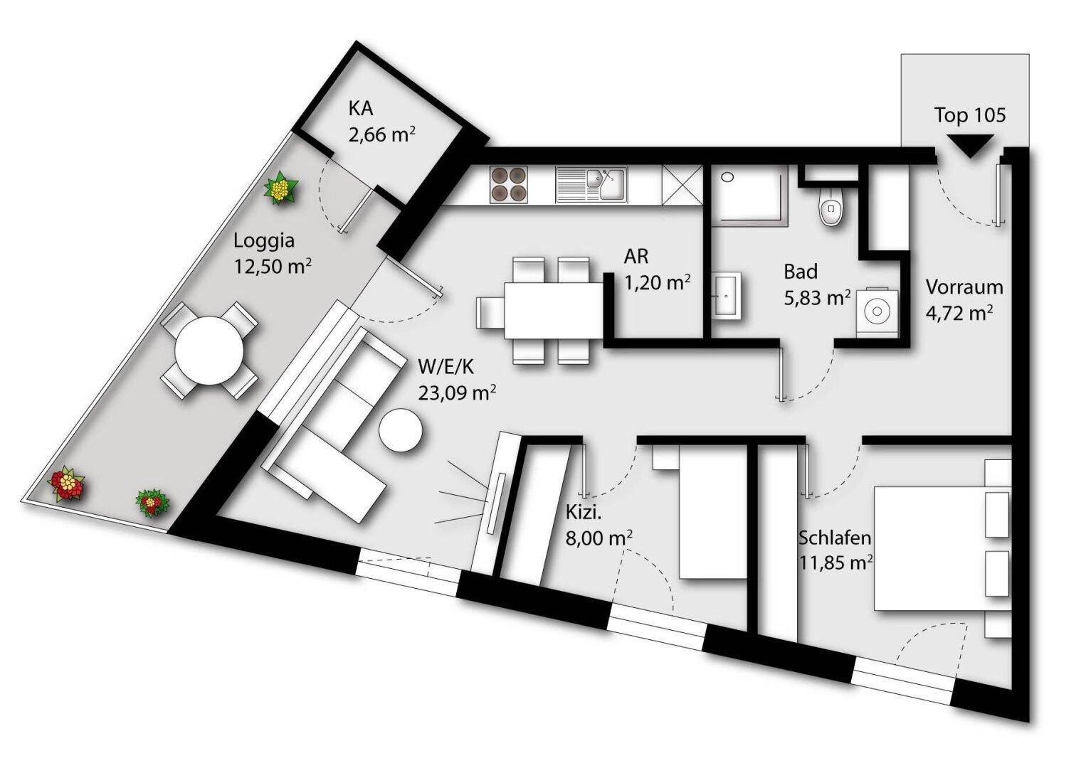 Grundriss einer Wohnung mit Loggia, offenem Wohnbereich und zwei Schlafzimmern.